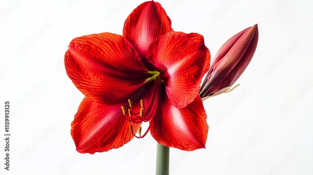 A close-up of a bold red amaryllis with large, trumpet-shaped petals and a central stamen cluster, isolated white background A close-up of a bold red amaryllis with large, trumpet-shaped petals and a central stamen cluster, isolated white background
