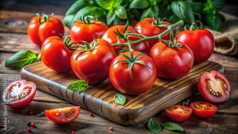 Freshly Cut Tomato Slices on Cutting Board with Vibrant Tomatoes on the Vine - Perfect for Food Photography and Culinary Inspiration Freshly Cut Tomato Slices on Cutting Board with Vibrant Tomatoes on the Vine - Perfect for Food Photography and Culinary Inspiration