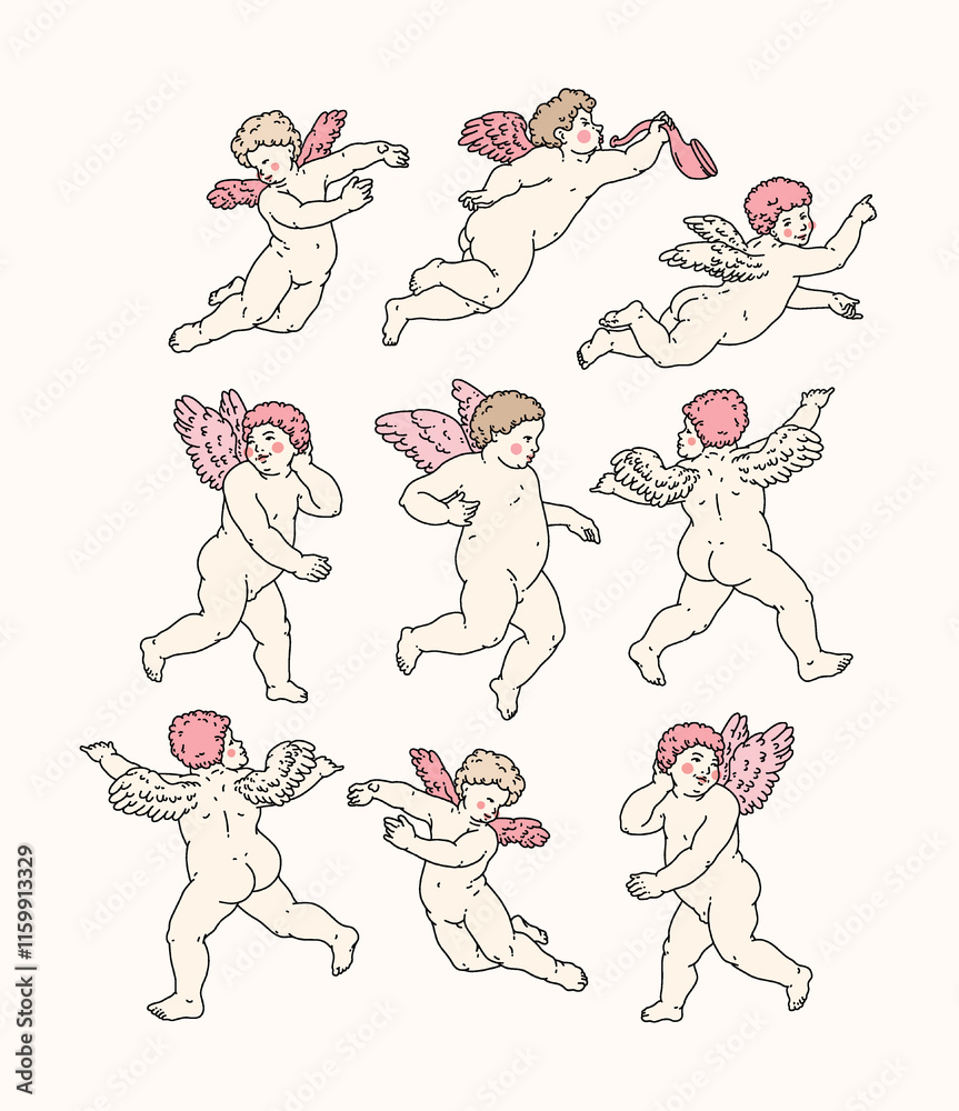 Fototapeta premium Cherub outlines and line art for Valentine's Day with cupid vector. Vector symbol of love and romantic. Antique Angel Baby Cupid illustration for printing on cards, invitations, tattoo, clothing art