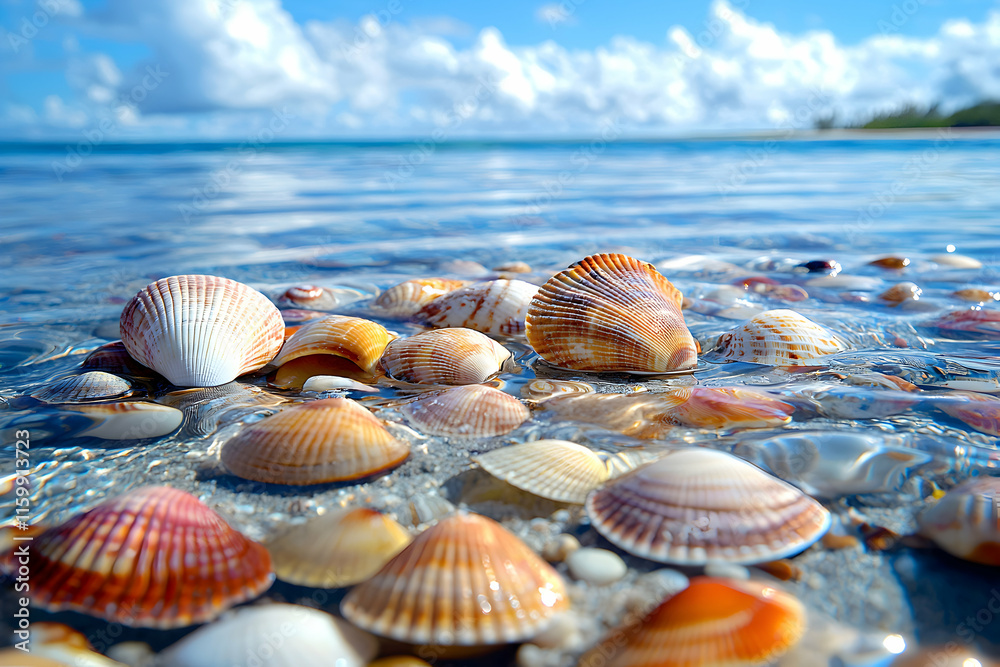 Seashells in shallow, clear ocean water on a sunny beach. Perfect summer vacation image. Seashells in shallow, clear ocean water on a sunny beach. Perfect summer vacation image.
