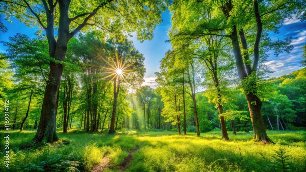 Fototapeta premium Lush Green Forest Clearing in Summer - Candid Photography of Nature's Beauty with Sunlight Filtering Through Leaves, Vibrant Flora, and Tranquil Atmosphere