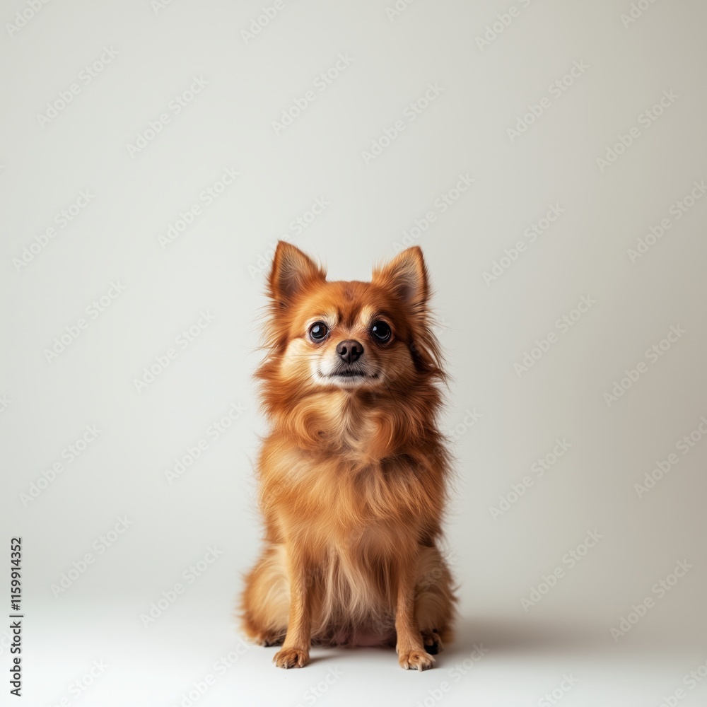 Adorable long-haired chihuahua sitting against neutral background Adorable long-haired chihuahua sitting against neutral background