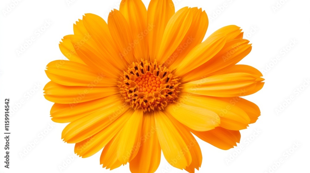 A close-up of a bright orange calendula with its vibrant, daisy-like petals and bold color, isolated white background