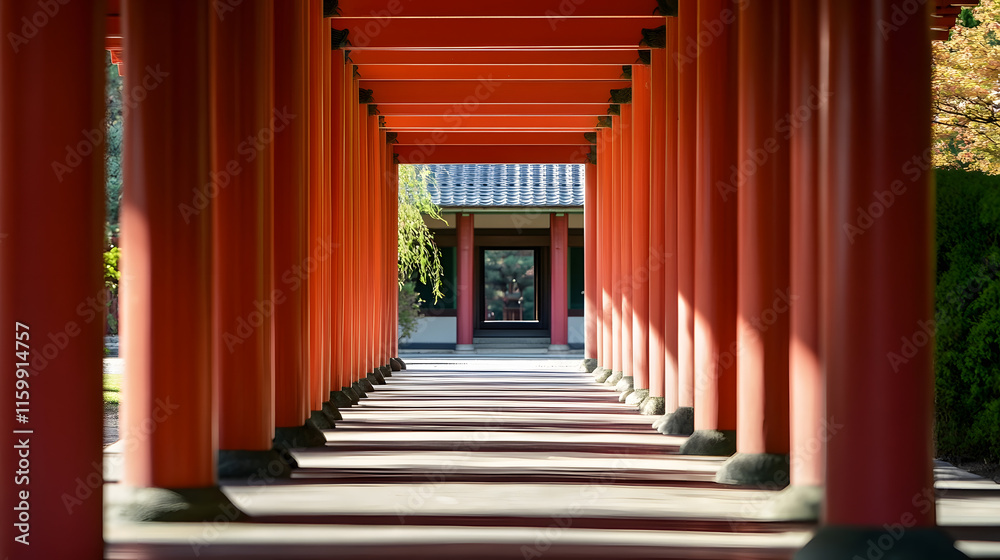 Traditional Japanese architecture with red columns and symmetrical design : Generative AI