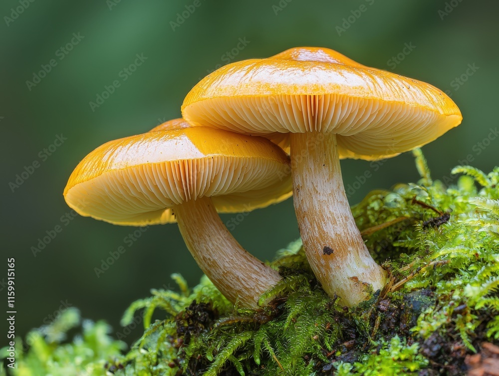 Vibrant Yellow Mushrooms Amidst Lush Greenery Vibrant Yellow Mushrooms Amidst Lush Greenery