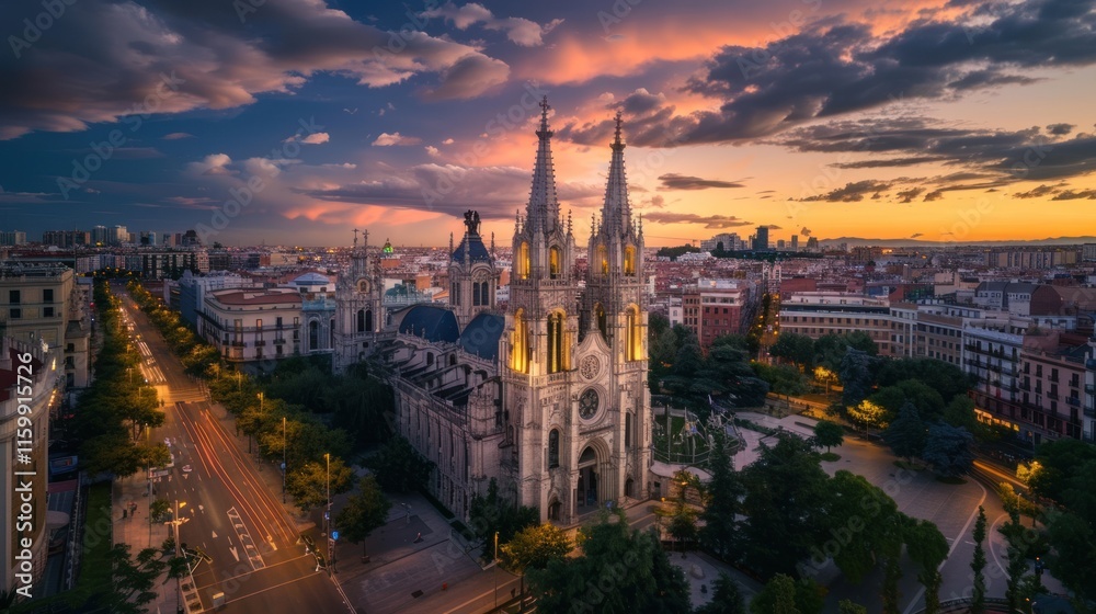 Naklejka premium Church towers at sunset with city lights.
