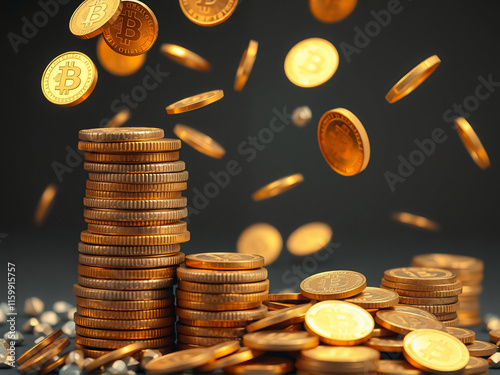 Falling coins concept. Metaphor of wealth and passive income. Pile and stacks with gold coins. Money and cash. Euros and dollars. photo