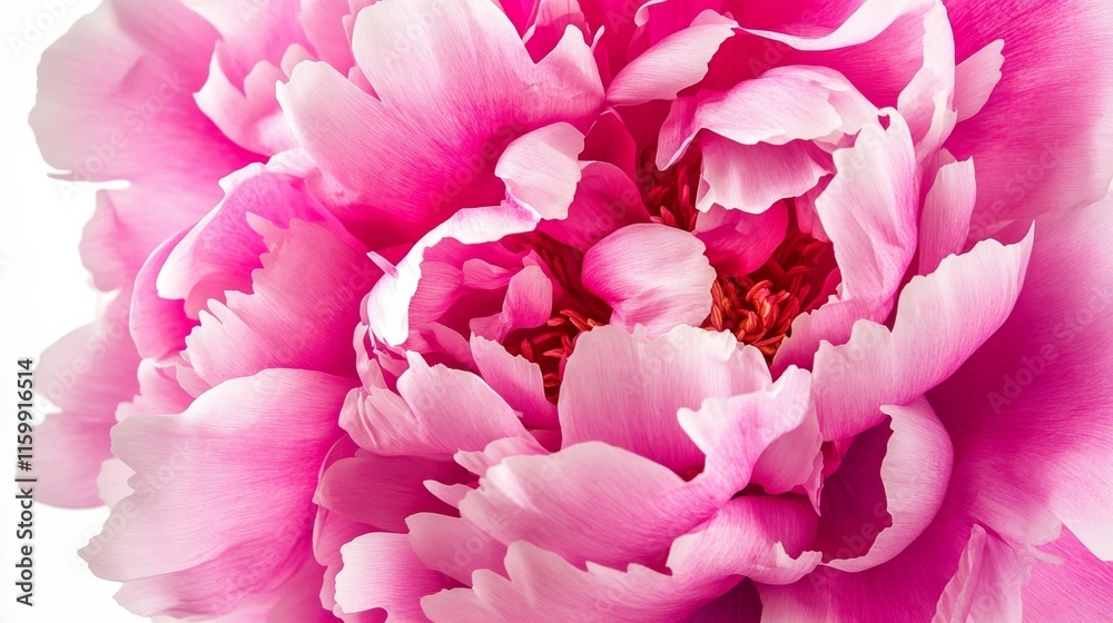 Obraz premium A close-up of a bright pink peony with its voluminous, layered petals and vivid color, isolated white background