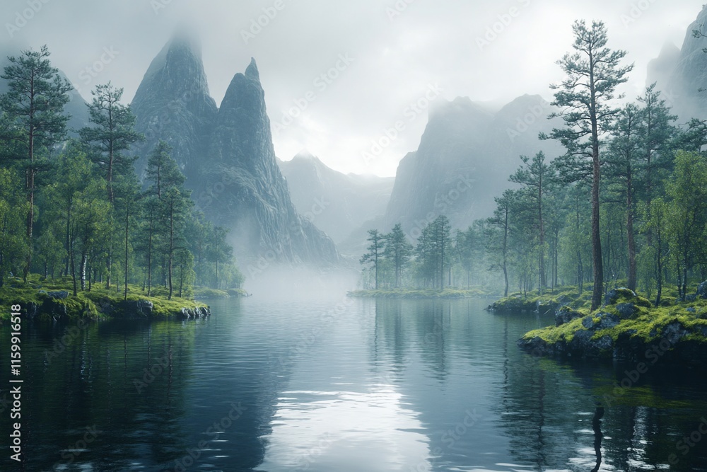 Naklejka premium Mountainous landscape with calm water, hazy sky, green trees.