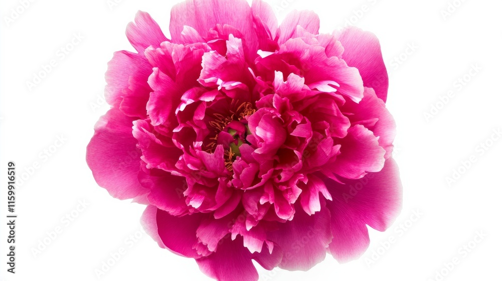 A close-up of a bright pink peony with its voluminous, layered petals and vivid color, isolated white background A close-up of a bright pink peony with its voluminous, layered petals and vivid color, isolated white background