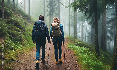 Two hikers walking on a misty forest path, enjoying nature and adventure.