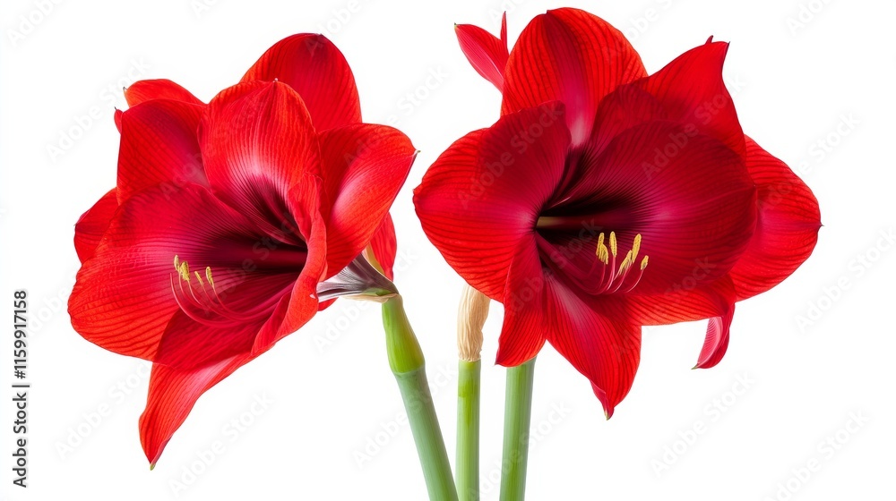 A close-up of a bright red amaryllis with its large, trumpet-shaped blooms, isolated white background A close-up of a bright red amaryllis with its large, trumpet-shaped blooms, isolated white background