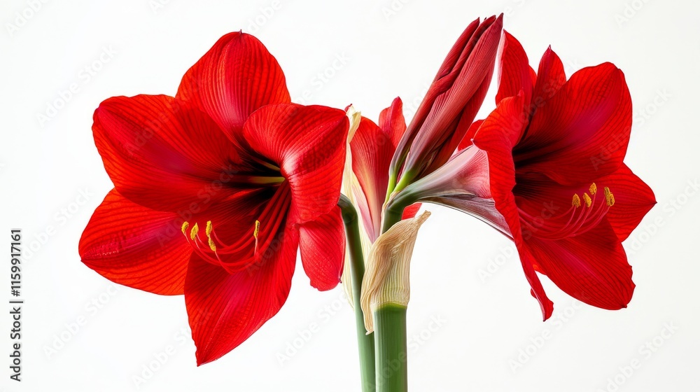 A close-up of a bright red amaryllis with its bold, trumpet-shaped flowers and striking color, isolated white background A close-up of a bright red amaryllis with its bold, trumpet-shaped flowers and striking color, isolated white background