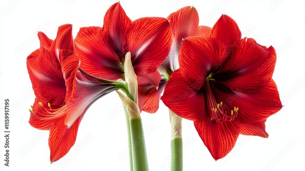 A close-up of a bright red amaryllis with its large, trumpet-shaped flowers and vivid color, isolated white background A close-up of a bright red amaryllis with its large, trumpet-shaped flowers and vivid color, isolated white background