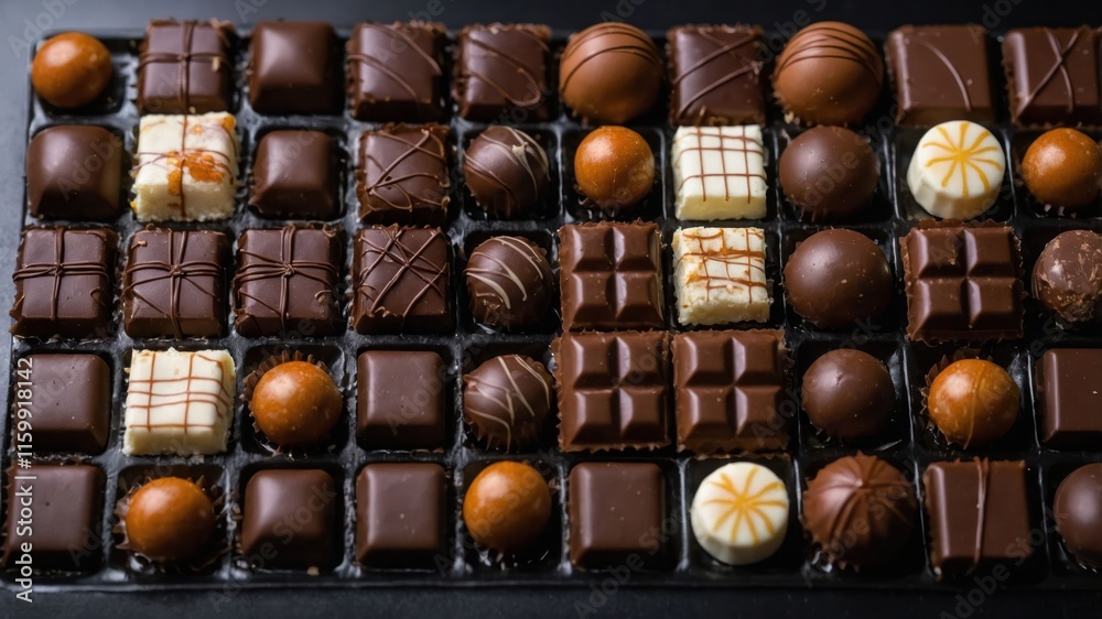 A beautifully arranged assortment of assorted chocolates in a box. A beautifully arranged assortment of assorted chocolates in a box.