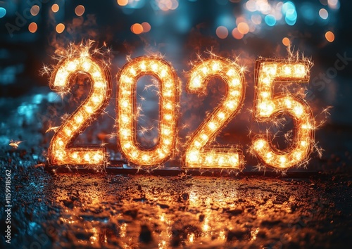 2025 New Year's Written in Fireworks Sparklers Confetti Party Celebration Festive Background Image Digital Illustration