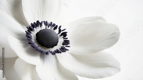 A close-up of a bright white anemone with its striking, central black disc and crisp petals, isolated white background