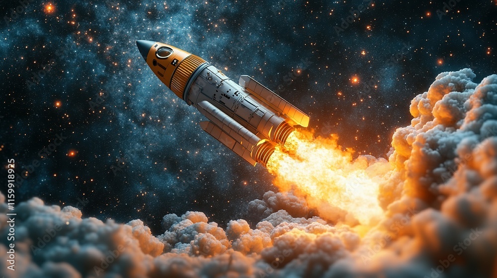 Obraz premium Rocket Ascending Through Space Clouds and Stars