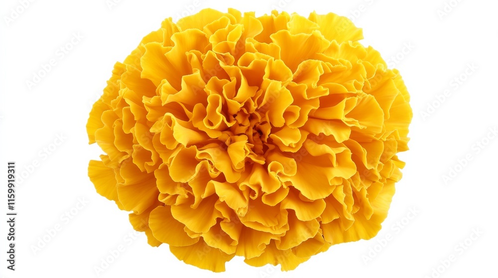 A close-up of a bright yellow marigold with its densely packed, ruffled petals and vivid color, isolated white background A close-up of a bright yellow marigold with its densely packed, ruffled petals and vivid color, isolated white background
