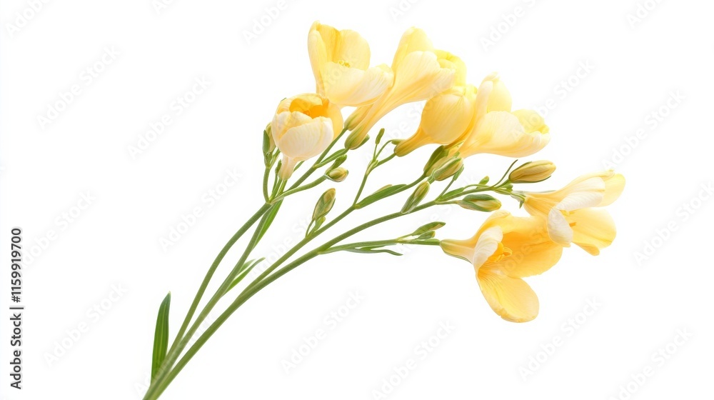 Fototapeta premium A close-up of a cluster of delicate yellow freesia flowers, isolated white background, minimalistic art style
