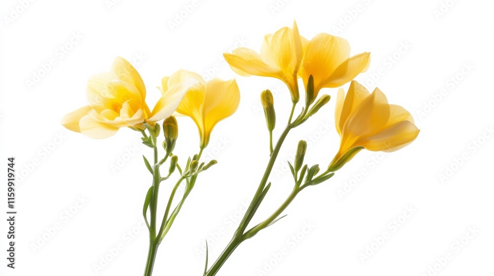 Obraz premium A close-up of a cluster of delicate yellow freesia flowers, isolated white background, minimalistic art style