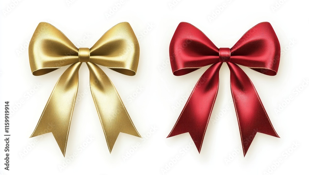 Two realistic satin bows, gold and red, isolated on white. Two realistic satin bows, gold and red, isolated on white.