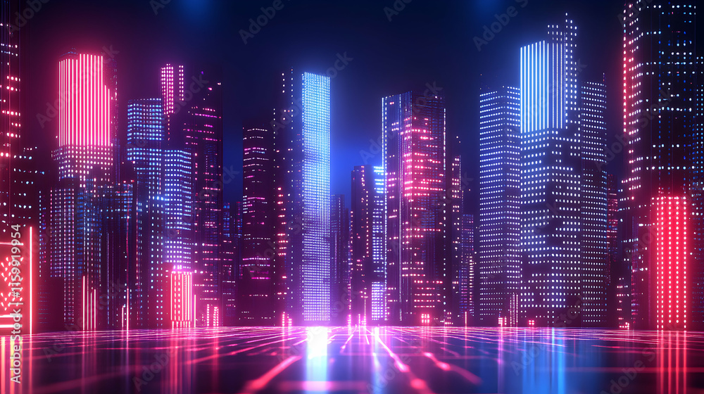 Futuristic cityscape at night, illuminated with vibrant pink and blue neon lights reflecting on a glowing ground. A stunning, digital art depiction of a modern metropolis. Futuristic cityscape at night, illuminated with vibrant pink and blue neon lights reflecting on a glowing ground. A stunning, digital art depiction of a modern metropolis.