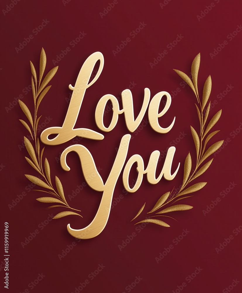 Obraz premium Golden 'Love You' typography with laurel leaves on a deep red background