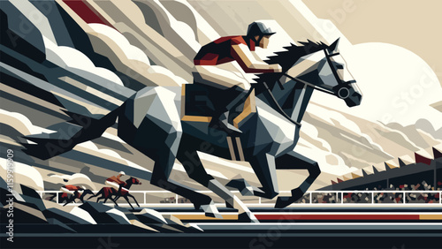 a man rides a horse in a race in low poly illustration	