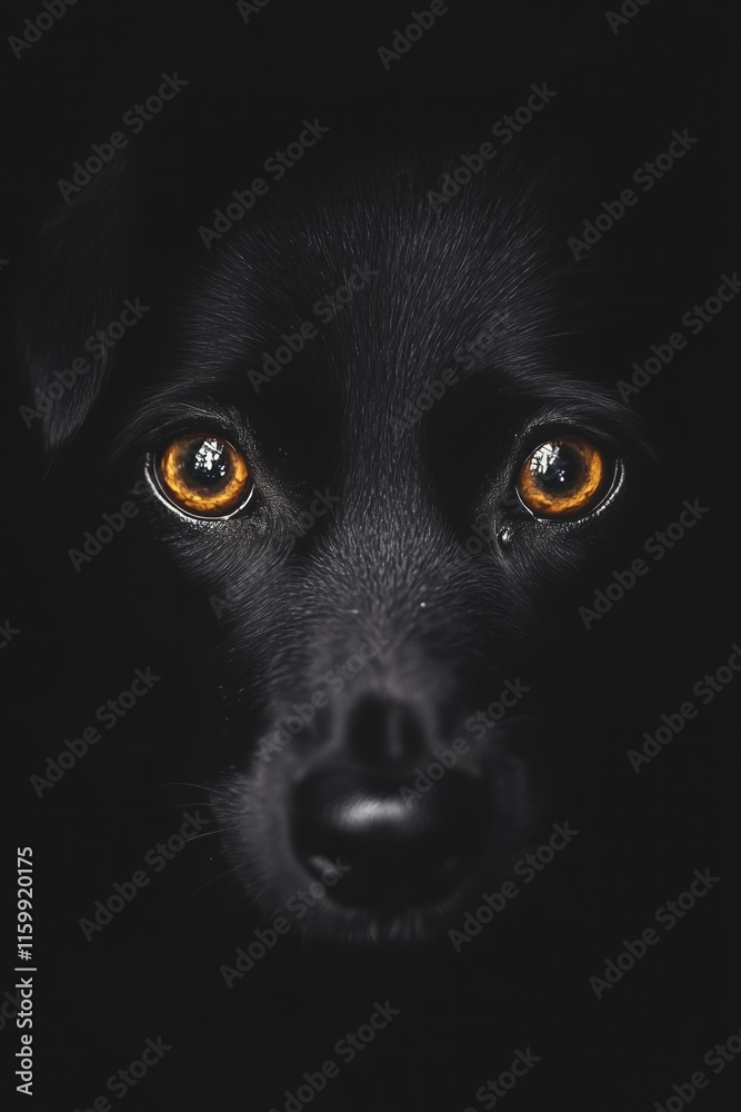 Mesmerizing gaze of a black dog in darkness with golden eyes Mesmerizing gaze of a black dog in darkness with golden eyes