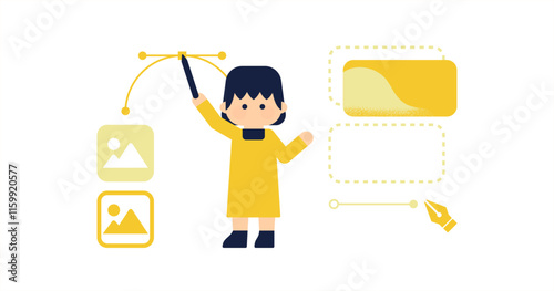 グラフィックデザインを行う人物のフラットイラスト  ( ベクター背景素材 アイキャッチ 白背景 1:1.191 )	