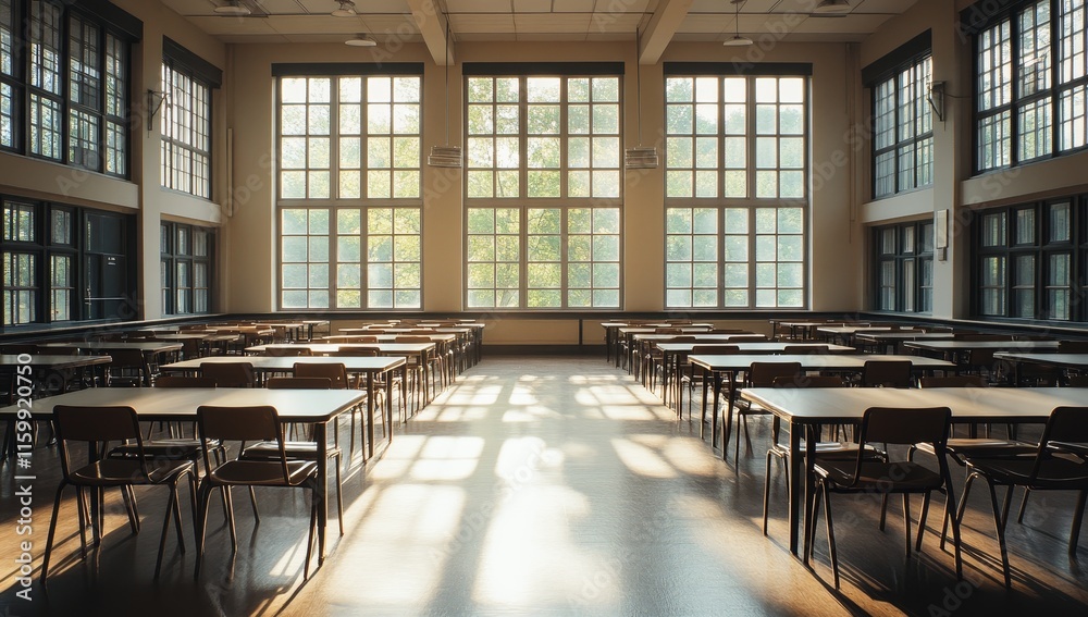 Sunlit classroom with rows of empty desks and large windows. Sunlit classroom with rows of empty desks and large windows.