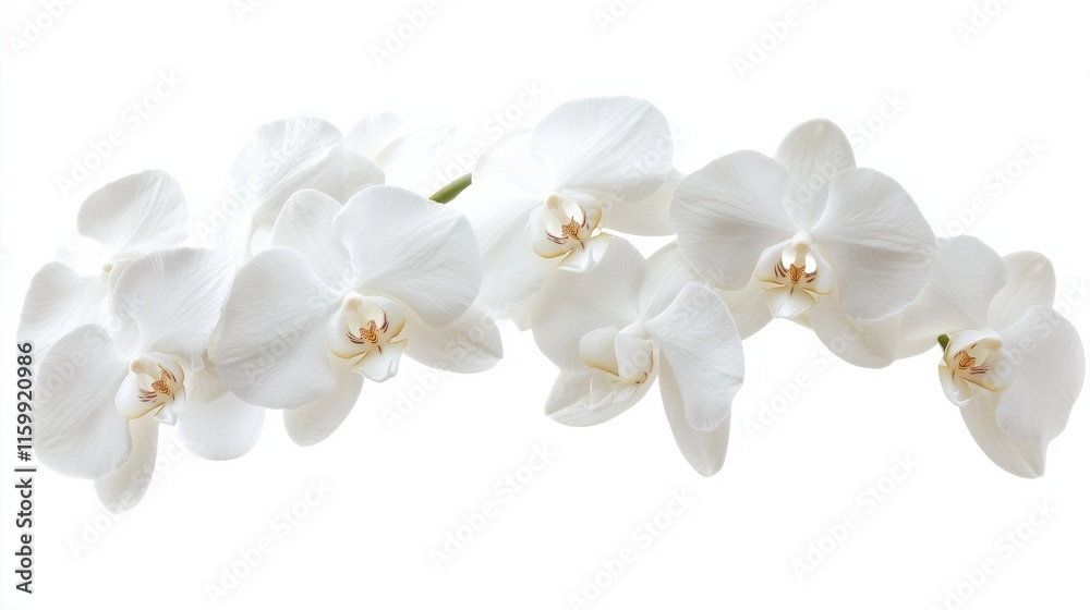 Obraz premium A close-up of a cluster of white orchid flowers with their exotic shapes, isolated white background, minimalistic art style