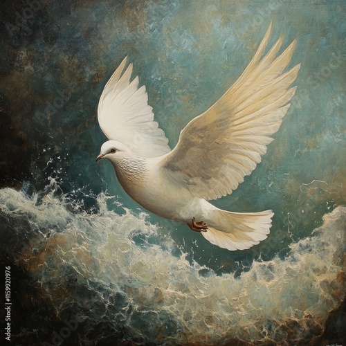 Graceful dove soars above tranquil waters, creating a beautiful scene of nature s harmony photo