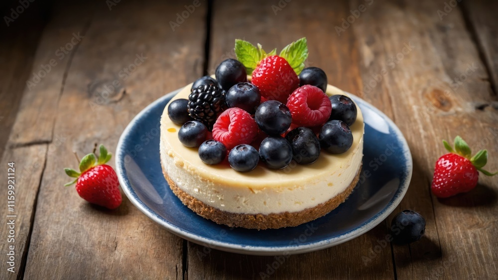 A delicious cheesecake topped with fresh berries on a rustic wooden table. A delicious cheesecake topped with fresh berries on a rustic wooden table.