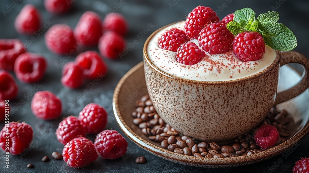 Bowl of yogurt topped with raspberries and mint leaves Bowl of yogurt topped with raspberries and mint leaves