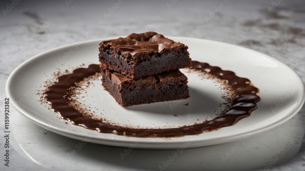 A decadent chocolate brownie served on a plate with a chocolate sauce decoration. A decadent chocolate brownie served on a plate with a chocolate sauce decoration.