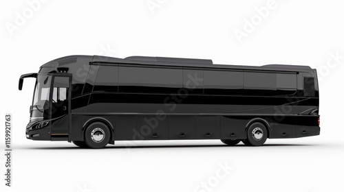 Sleek black coach bus, isolated side view.