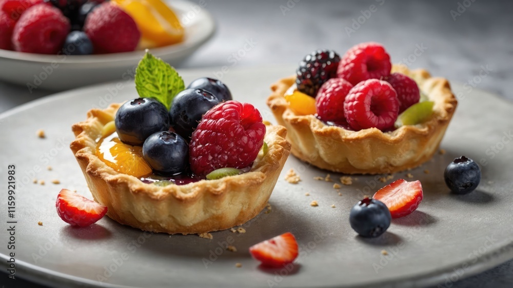 Two fruit tarts topped with berries and mint, served on a gray plate. Two fruit tarts topped with berries and mint, served on a gray plate.