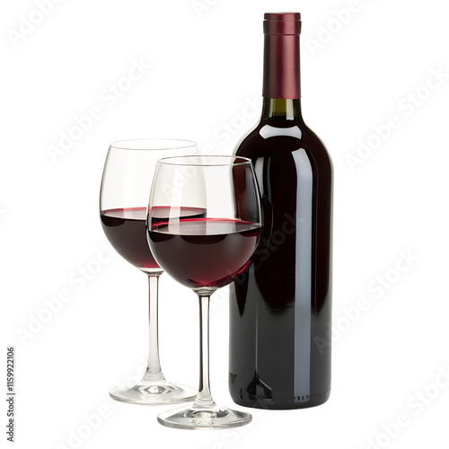 A bottle of red wine with two filled glasses, isolated on a transparent background.