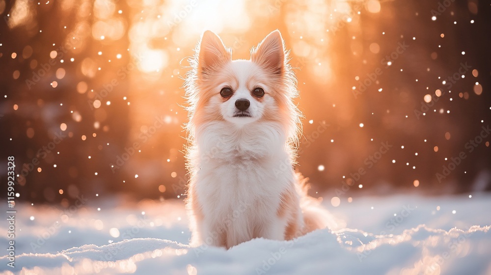 Obraz premium Fluffy dog sits in snowy golden light.