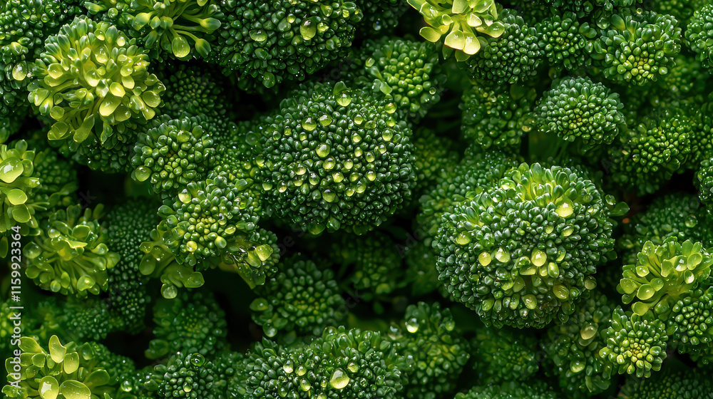 macro shot of fresh broccoli with dew drops, showcasing vibrant green textures