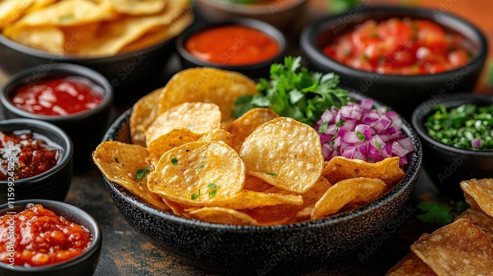 Tortilla chips in a bowl with various dips and garnishes. Tortilla chips in a bowl with various dips and garnishes.