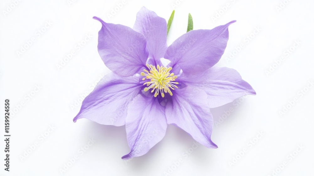 A close-up of a soft lavender columbine with its unique, spurred petals and gentle color, isolated white background A close-up of a soft lavender columbine with its unique, spurred petals and gentle color, isolated white background