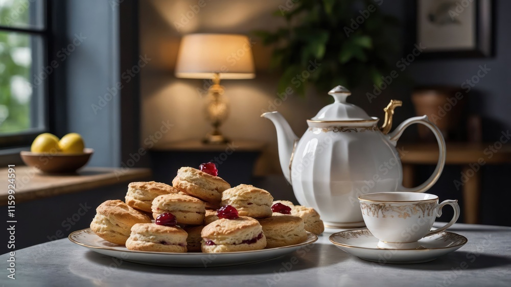A cozy tea setting featuring scones, a teapot, and a cup, perfect for afternoon tea. A cozy tea setting featuring scones, a teapot, and a cup, perfect for afternoon tea.