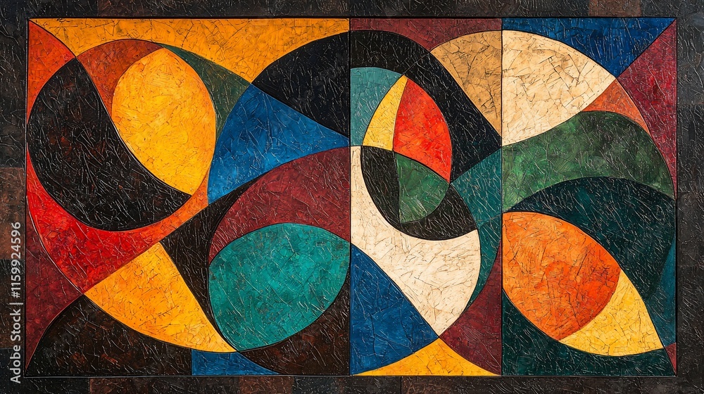 Fototapeta premium Abstract geometric artwork with vibrant colors and curved shapes.