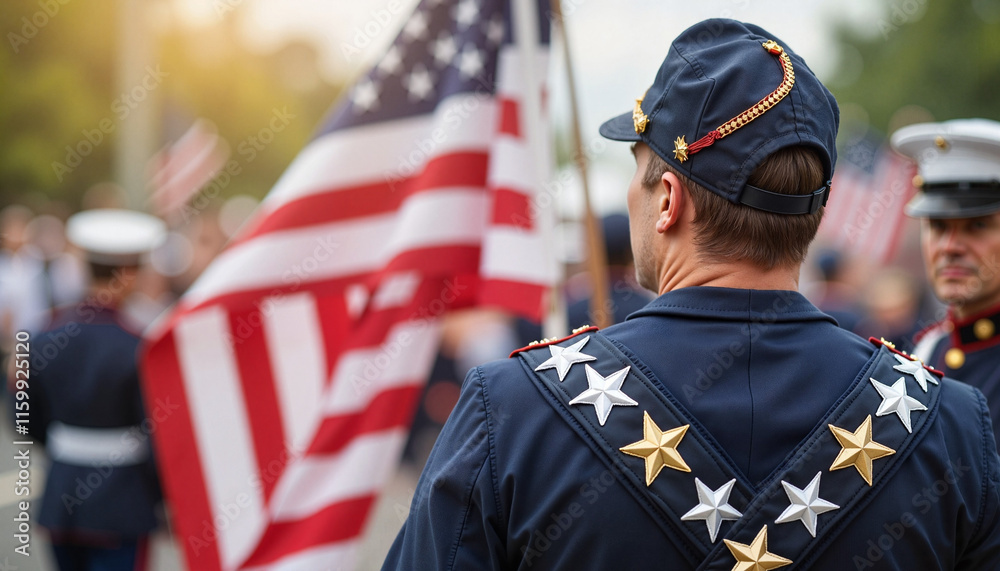 Obraz premium Man in uniform holding American flag at parade