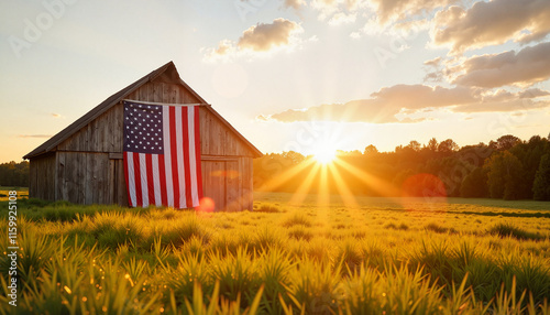 Barn with American flag at sunset in a green field