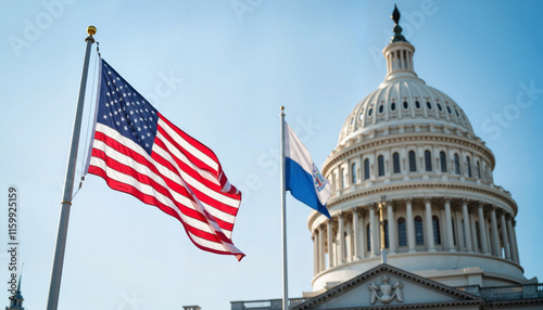 American flag waving in front of the Capitol Building