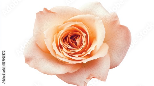 A close-up of a soft peach rose with its velvety, open petals and warm color, isolated white background
